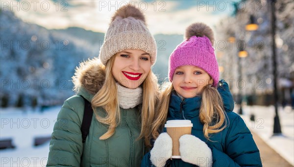 AI generated, human, humans, person, persons, woman, woman, child, children, two, mother and daughter, 10, 30, years, outdoor, ice, snow, winter, seasons, drinks, drinking, coffee, coffee mug, coffee to go, hat, bobble hat, gloves, winter jacket, cold, coldness
