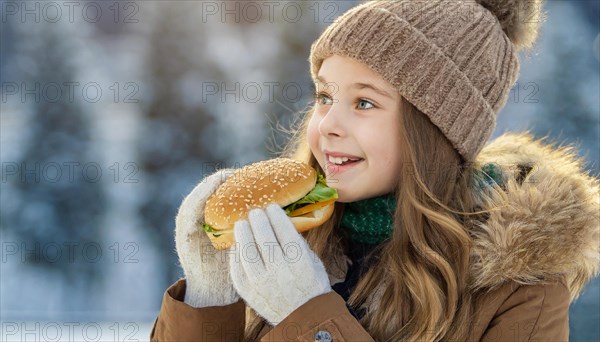 AI generated, human, humans, person, persons, child, children, girl, 10, 12, years, one person, outdoor, ice, snow, winter, seasons, eats, eating, burger, hamburger, cap, bobble hat, gloves, winter jacket, cold, coldness