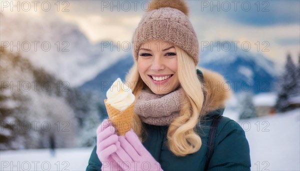 AI generated, human, humans, person, persons, woman, woman, one person, 20, 25, years, outdoor, ice, snow, winter, seasons, eats, eating, ice cream, waffle ice cream, waffle, Italian ice cream, cap, bobble hat, gloves, winter jacket, cold, coldness