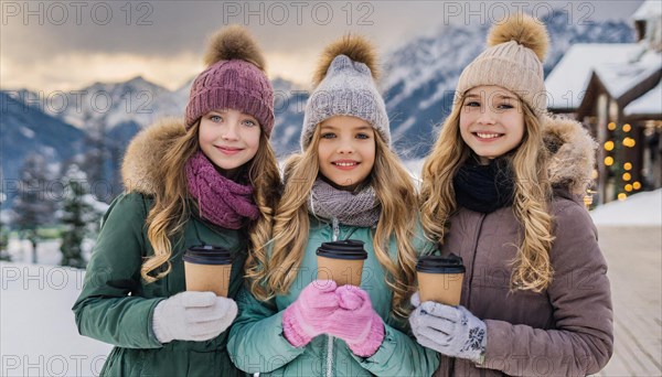 AI generated, human, humans, person, persons, woman, woman, three persons, coffee, coffee mug, coffee to go, outdoor shot, ice, snow, winter, seasons, drinks, drinking, cap, bobble hat, gloves, winter jacket, cold, cold, portrait