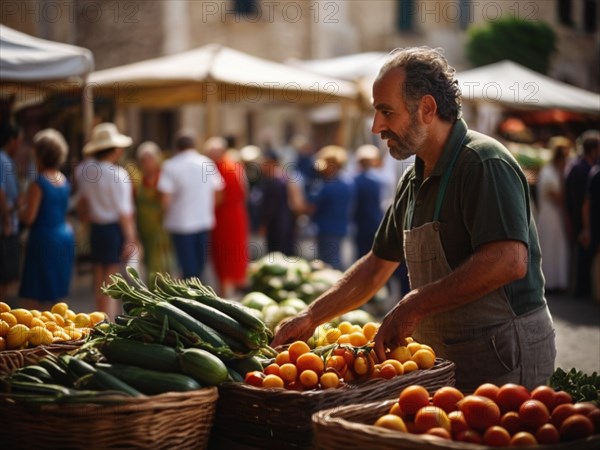 A vendor arranges fresh fruits and vegetables at a bustling open-air market, horizontal wide aspect ratio, daylight, AI generated