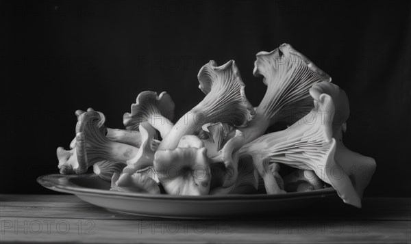 Oyster mushrooms on a plate, black and white photo, close-up AI generated