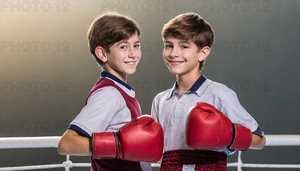 AI generated, boy, boys, 8, 10, years, Thai, sport, boxing, gloves, Thai boxing, Muay Thai, two people, portrait, athletic, fight, fighting, popular sport, Thai boxer, boxing, boxing ring, European