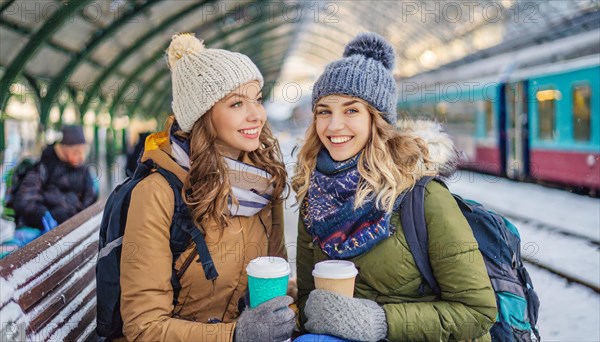 AI generated, Two young blonde woman want to travel and wait in the station for the train, 20, 25, blond, blonde, blonde, modern, modern, handbag, jeans, winter jacket, white, sneakers, shoes, bobble hat, coffee to go in hand, transport, traffic, two people, ice, snow, winter