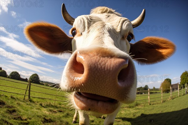 Funny fisheye perspective close up of cow on meadow. KI generiert, generiert AI generated