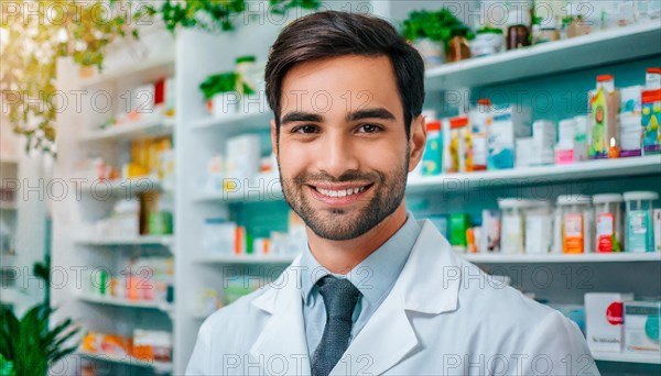 AI generated, A young pharmacist in his pharmacy, portrait, 30, 35, years, man, men, male, bearded, beautiful teeth, smiling, profession, professions, medicines in the background, a person