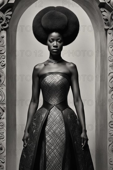 Black Woman and with a afro hairstyle in an ornate gown and headdress posing in an elegant setting, AI generated