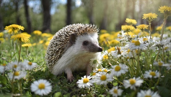 KI generated, animal, animals, mammal, mammals, young hedgehog (Erinaceidae), sitting in flower meadow, spring, a single animal, white and yellow flowers, meadow, lawn