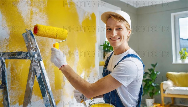 AI generated, man, men, a painter paints a wall with new yellow paint, father, renovation of old flat, paint roller, ladder, yellow, paint, 25, 30, years, a, person, occupation, occupations, leisure activity, family, smiles, smiling, fun at work, laughing, laughing, laughing, friend, partner, man