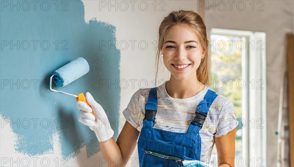 AI generated, woman, woman, a young girl paints a wall with new paint, blue, light blue, blue, light blue, renovation of old flat, paint roller, ladder, paint, 20, 25, years, a, a person, daughter, student, pastime, family, girl, smiles, smiling, fun at work, laughing, laughing, laughing, dungarees, jeans