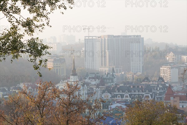 City at sunset in the fog. Kiev, Ukraine. october 2019