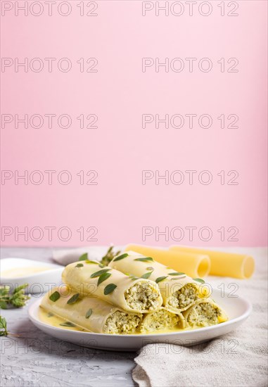 Cannelloni pasta with egg sauce, cream cheese and oregano leaves on a gray and pink background with linen textile. side view, close up, copy space