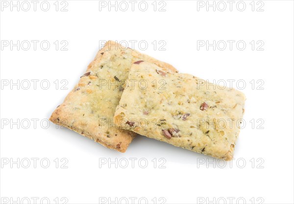 Small bread chips cookies with seeds isolated on white background. side view, close up