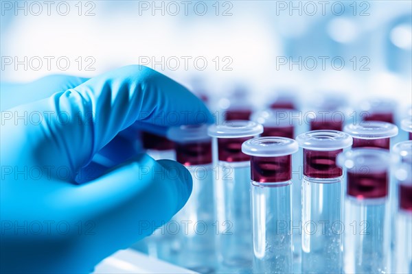 Hand with blue medical glove reaching vor vials in scientific research lab. KI generiert, generiert AI generated