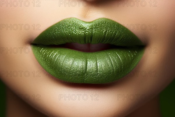 Close up of woman's mouth with green St. Patrick's Day lipstick. KI generiert, generiert AI generated