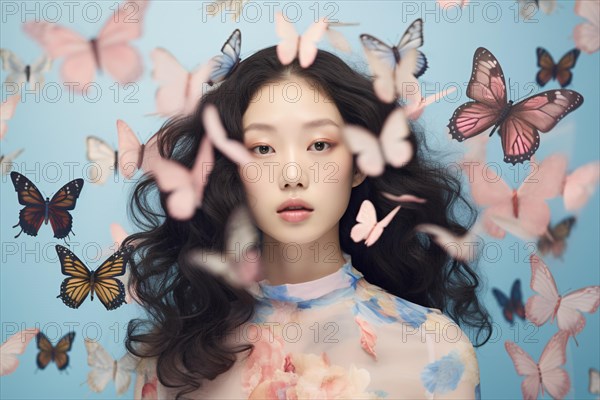 Beautiful Asian woman with dark hair surrounded by butterflies in front of blue studio background. KI generiert, generiert AI generated