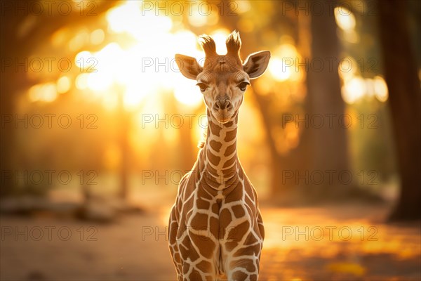 Baby giraffe standing amidst the golden rays of the setting sun, surrounded by nature s beauty, AI generated