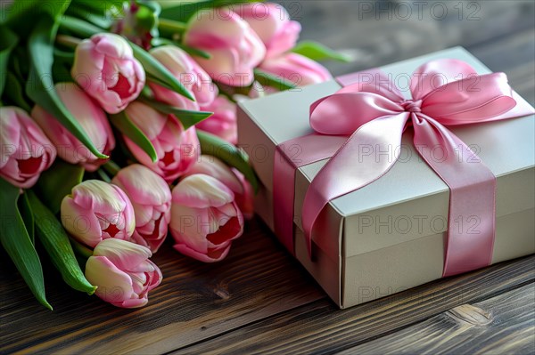 Gift Box with Pink Ribbon Beside bouquet of Fresh Tulips. Background for Valentine day, March 8, mother day, spring holidays, birthday, AI generated