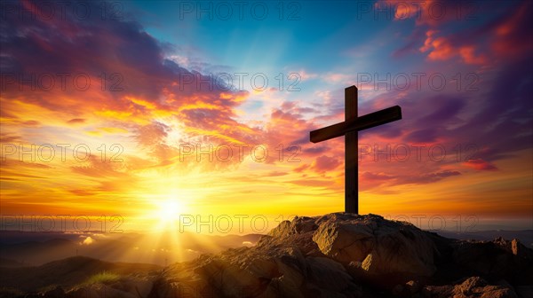 Easter concept cross on Golgotha Calvary hill against a dramatic sunset, AI generated