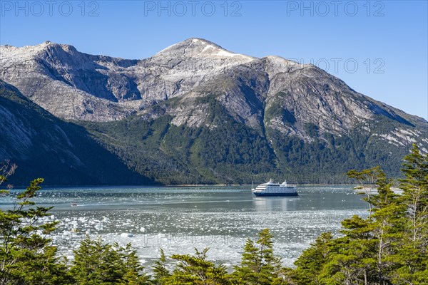 Cruise ship Stella Australis anchored between ice floes in Pia Bay in front of the Pia Glacier, Alberto de Agostini National Park, Avenue of the Glaciers, Chilean Arctic, Patagonia, Chile, South America