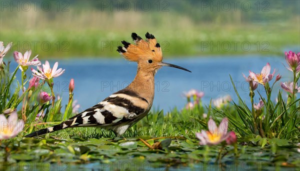 KI generated, animal, animals, bird, birds, biotope, habitat, a, individual, water, reeds, water lilies, blue sky, foraging, wildlife, hoopoe (Upupa epops), treehoppers, summer, flowers