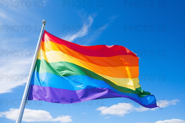 Rainbow colored LGTB flag in front of blue sky. KI generiert, generiert AI generated, rainbow, discrimination, freedom, pride