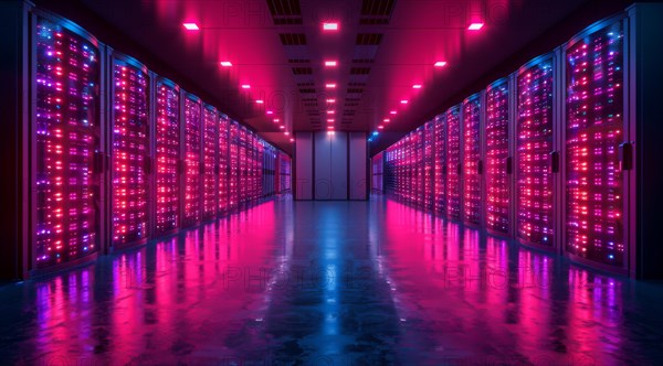 Long hallway in server room with purple lighting and reflective floor creating a high-tech vibe, ai generated, AI generated