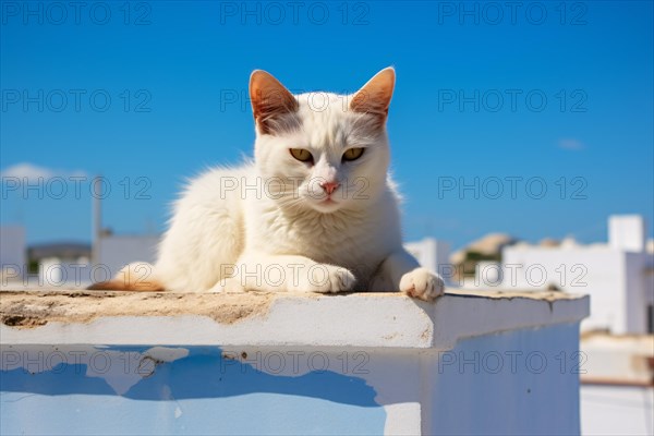 Stray cat on white building undre clear blue sky. KI generiert, generiert AI generated