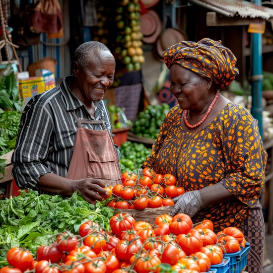 Happy elderly couple interacting at a market with fresh tomatoes on display, ai generated, AI generated