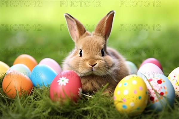 Brown bunny with colorful Easter eggs in grass. KI generiert, generiert AI generated