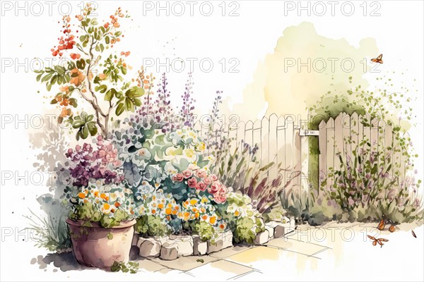 Artistic watercolor painting of a peaceful garden with plants and a fence, Spring garden background illustration, generated ai, AI generated