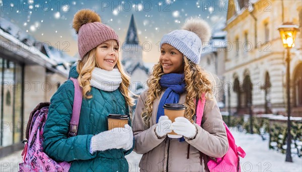 AI generates, human, humans, person, persons, child, children, girl, two, 15, years, outdoor, ice, snow, winter, seasons, drinks, drinking, coffee to go, coffee, cup, paper cup, hot drink, cap, bobble hat, gloves, winter jacket, cold, coldness