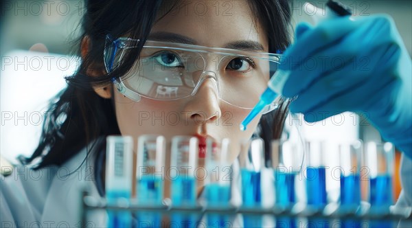 Researcher using a pipette with test tubes in a lab environment, ai generated, AI generated