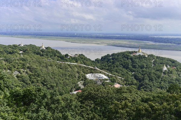 View of the Irrawaddy River with pagodas, Mandalay Division, Myanmar, Asia