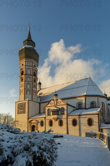 Andechs Monastery in winter, sunset, Fuenfseenland, Pfaffenwinkel, Upper Bavaria, Bavaria, Germany, Europe