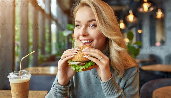 AI generated, human, humans, person, persons, woman, woman, 25, years, sits in restaurant, a person, seasons, eats, eating, burger, hamburger, snack bar