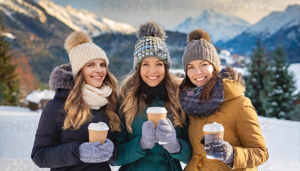 AI generated, human, humans, person, persons, woman, woman, three persons, coffee, coffee mug, coffee to go, outdoor shot, ice, snow, winter, seasons, drinks, drinking, cap, bobble hat, gloves, winter jacket, cold, cold, portrait