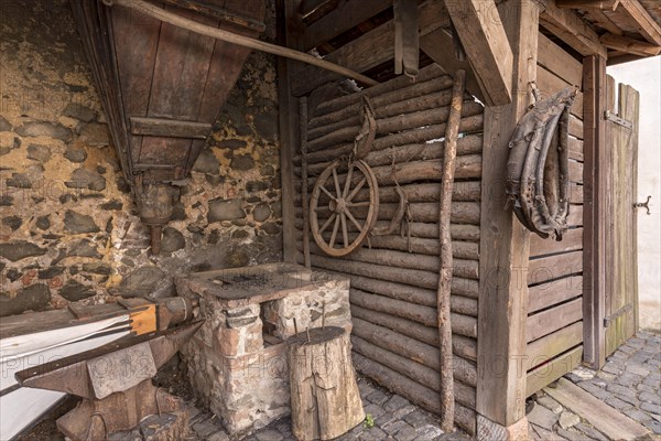 Blacksmith's forge, blacksmith, inner courtyard, Ronneburg Castle, medieval knight's castle, Ronneburg, Ronneburger Huegelland, Main-Kinzig-Kreis, Hesse, Germany, Europe