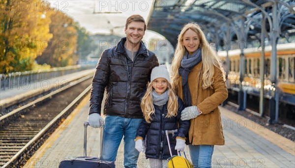 AI generated, A young family wants to travel and waits in the station for the train, 30, 35, years, blond, blonde, man, woman, knd, children, 10, 12, modern, modern, suitcase, handbag, winter jacket, white, sneakers, shoes, sexy, attractive, attractive, long-haired, transport, traffic, four people, family