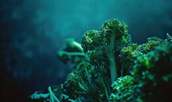 Close up of fresh green kale on dark background. Selective focus AI generated