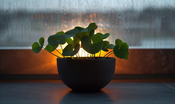 Green plant in a pot on the background of the window at night. AI generated
