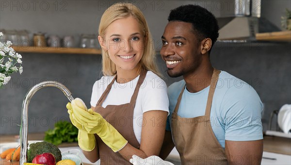 AI generated, woman, woman, man, men, 30, 35, blonde, blond, blonde, kitchen, sink, kitchen table, dishes, washing up, washing up, plates, cups, glasses, dishcloth, gloves, cleaning, water, polishing cloth, polishing, clean, cleanliness, housewife, mother, family, two people, an African