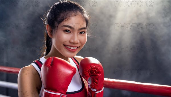 AI generated, woman, woman, 35, years, thai, thai, sport, boxing, gloves, thai boxing, muay thai, one person, portrait, athletic, fight, fighting, popular sport, thai boxer, boxing, boxing ring, thai woman