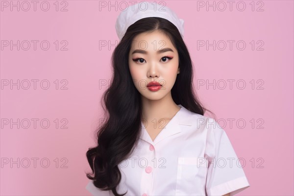 Young Asian woman with long black hair dressed up as nurse on pink background. KI generiert, generiert AI generated