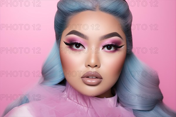 Portrait of Asian woman with bold glamourozs makeup and silver blue hair on pink background. KI generiert, generiert AI generated