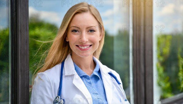 AI generated, A young pharmacist in her pharmacy, portrait, 30, 35, years, female, blonde, blond, blonde, beautiful teeth, smiles, long hair, profession, professions, medicines in the background