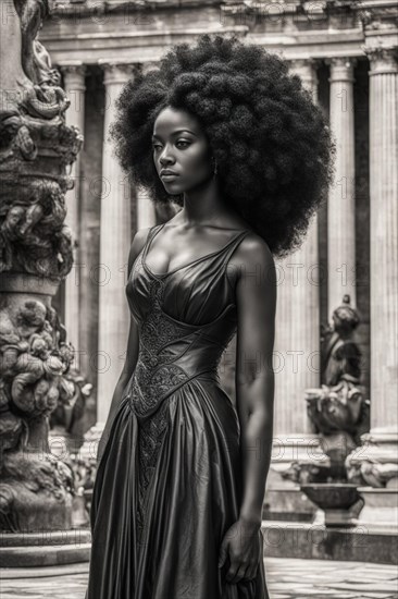 Elegant woman with a voluminous afro hairstyle wearing a dress, standing before classical architecture with sculptures, AI generated