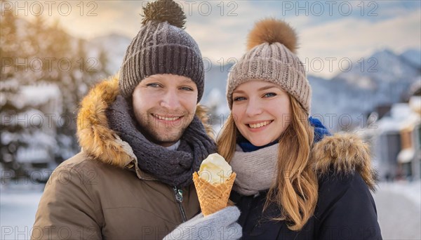 AI generated, human, humans, person, persons, man, woman, woman, child, children, one, two, three, outdoor, ice, snow, winter, seasons, eats, eats, drinks, drinks, hat, bobble hat, gloves, winter jacket, cold, coldness