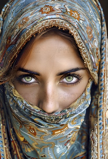 Young Muslim woman with expressive green eyes and wearing a traditional headscarf with colourful embroidery, called Hischab, KI generated, AI generated