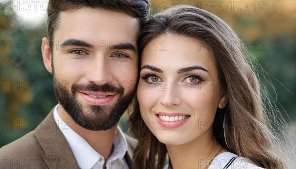AI generated, human, people, man, men, bearded, dark-haired, woman, blond, blonde, brunette, woman, couple in love, love, affection, tenderness, family, Italian, German, 35, 40, years, German woman, attractive, attractive, two people, portrait, beautiful eyes, beautiful teeth, smile